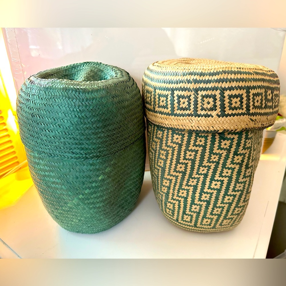 Gorgeous Oaxacan Hand Woven Natural Set of 2 Baskets & Lids Storage Planter HTF